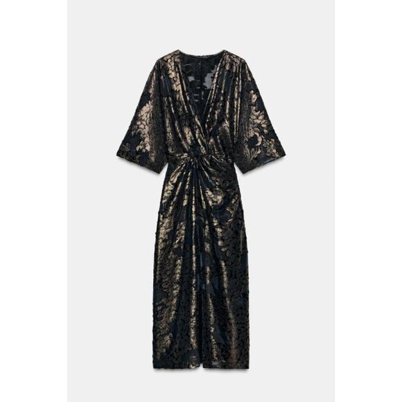 ZARA FOIL DRAPED MIDI DRESS - Picture 3 of 5